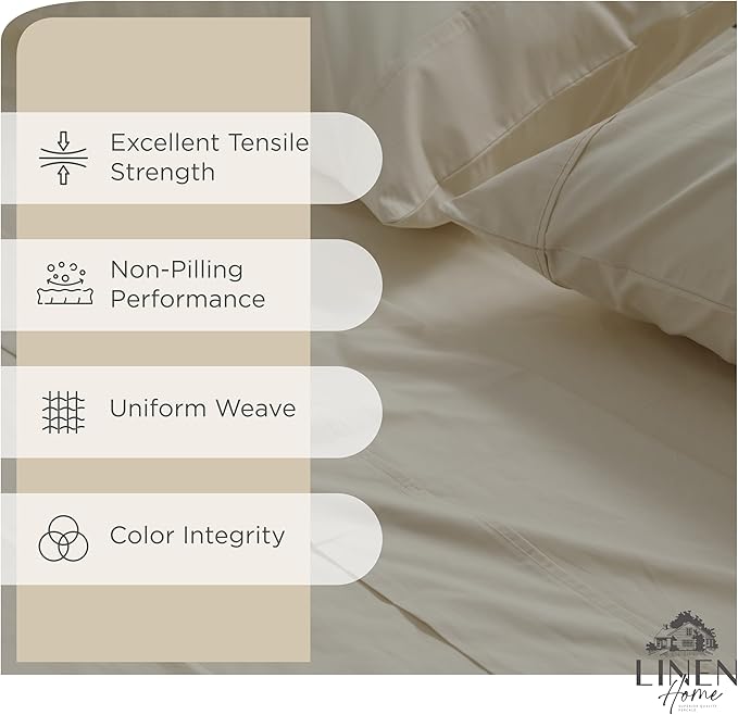 Linen Home 100% Cotton Percale Sheets King Size, Light Taupe, Deep Pocket - Image 2