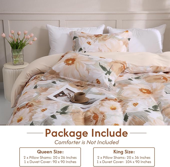LONAVA King Flower 3 Pcs Duvet Cover Set, Breathable Soft Microfiber Biege - Image 6