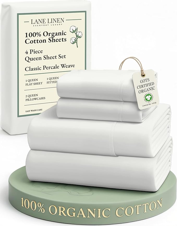 LANE LINEN 100% Organic Cotton Queen Sheet Set, Soft Percale Weave, Deep Pocket by LaneLinen