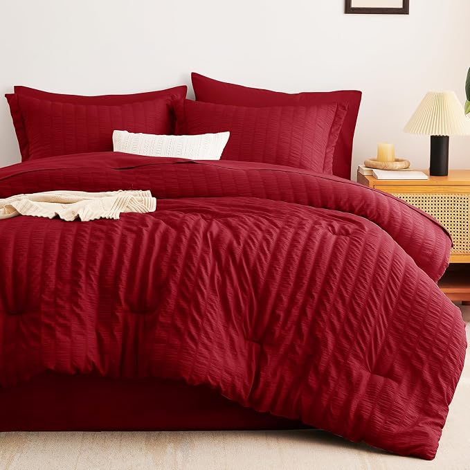 CozyLux Queen Comforter Set Dark Red Seersucker 7 Pieces Bed in a Bag Queen - Image 6
