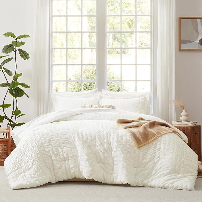 CozyLux King Size Comforter Set Ivory Seersucker 7 Pieces Bed in a Bag King - Image 3