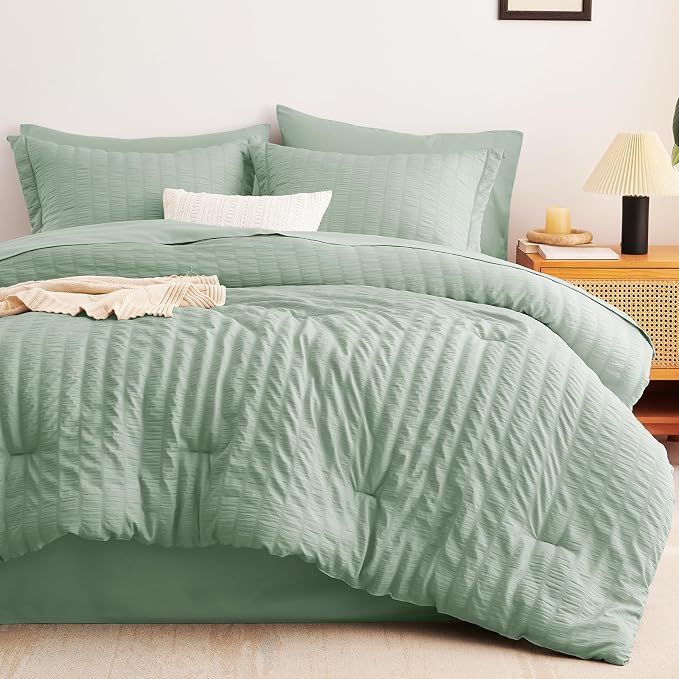 CozyLux King Size Comforter Set Sage Green Seersucker 7 Pieces Bed in a Bag - Image 9