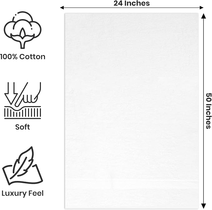 Large Bath Towels Bulk Set of 12 – 100% Cotton Terry – 24" x 50" – Quick Dry - Image 2