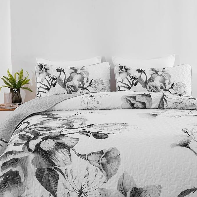 Floral Quilt Set California King 3 Pieces Grey Floral Quilt Coverlet Set Soft - Image 4