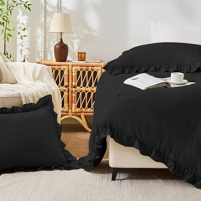 FUANNA Queen Comforter Set Black, 3 Pieces Ruffle Queen Bed Set, Fluffy Bed in - Image 7