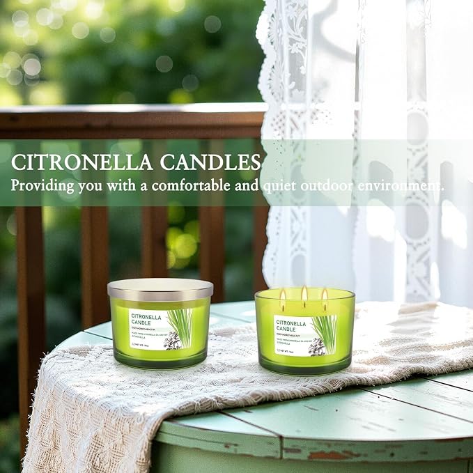Set of 2 Green Glass Jars Citronella Oil Candles 14oz Smokeless & Outdoor - Image 3
