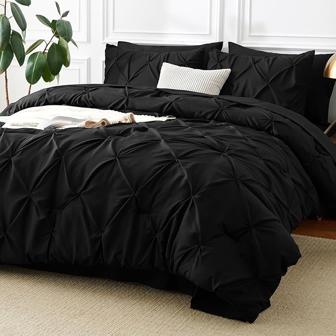 HIMEET Pintuck Bed in a Bag, 7 Pieces Full Size Comforter Set Black, Luxury - Image 9
