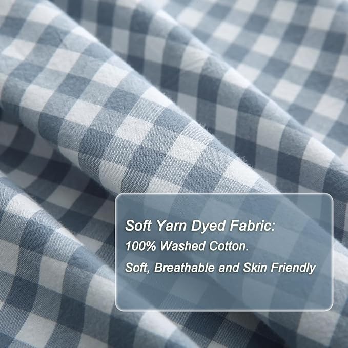 Silnuo Light Blue/White Plaid Ruffle Duvet Cover King Size, 100% Washed Cotton - Image 5