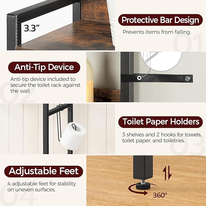 MAHANCRIS Over The Toilet Storage Rack, 3 Tier Bathroom Organizer Over Toilet - Image 5