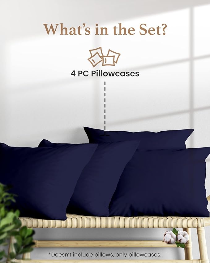 1000 TC Navy Blue Standard Pillowcases Set of 4 100% Egyptian Cotton Pillow - Image 2