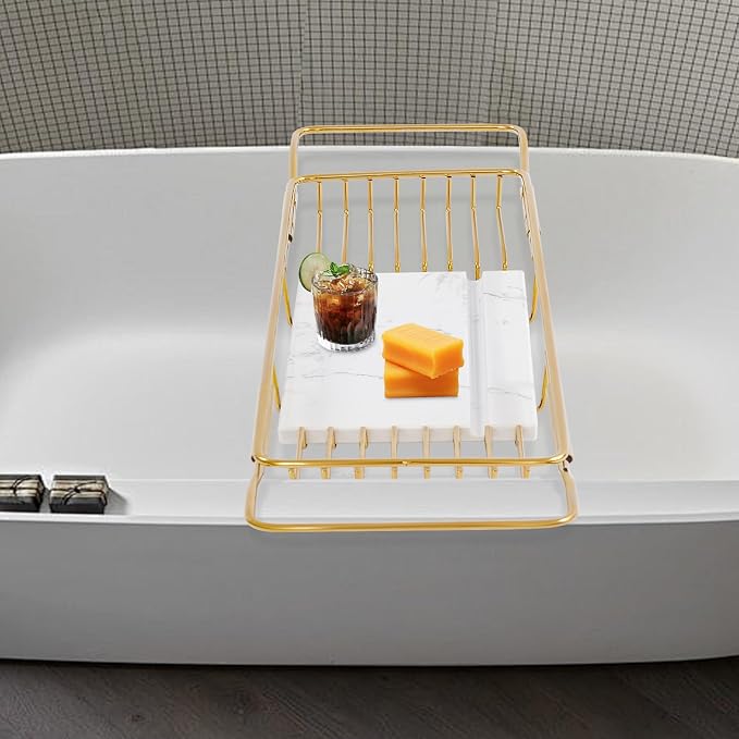 Stainless Steel Bathtub Tray, Expandable Marble Bath Tray - Image 3