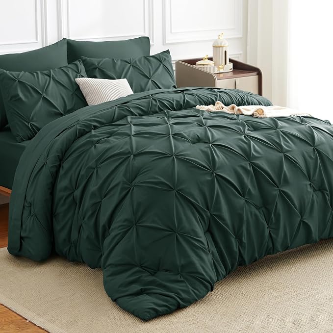 CozyLux King Size Comforter Set Forest Green, 7 Pieces Pintuck Bed in A Bag - Image 4