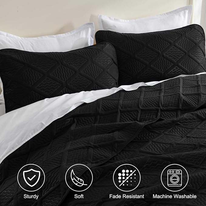 Yiran Black Quilt Set King Size Bedding Set Fall Bedspreads Embossed Diamond - Image 4