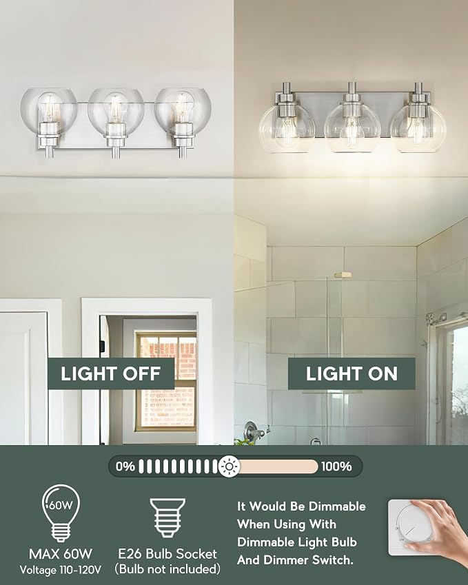 Bathroom Light Fixtures, 3-Light Brushed Nickel Vanity Light, Modern Wall - Image 4