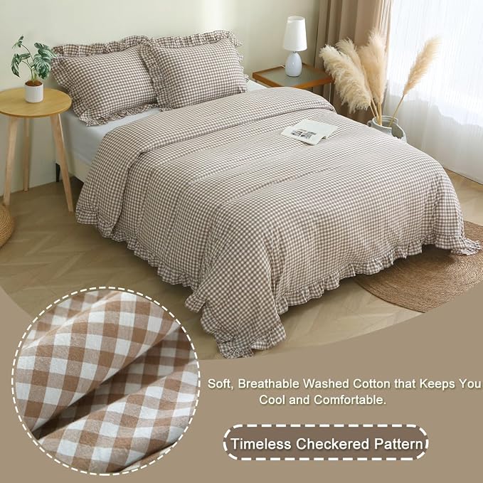 Silnuo Taupe/White Plaid Ruffle Duvet Cover King Size, 100% Washed Cotton 3 Pcs - Image 3