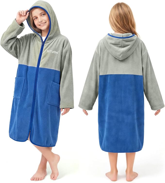 Hiturbo Kids Bath Towel Hoodie: Zipper Surf Poncho Long Sleeve Quick Dry by HiTurbo--MakeDivingEasy