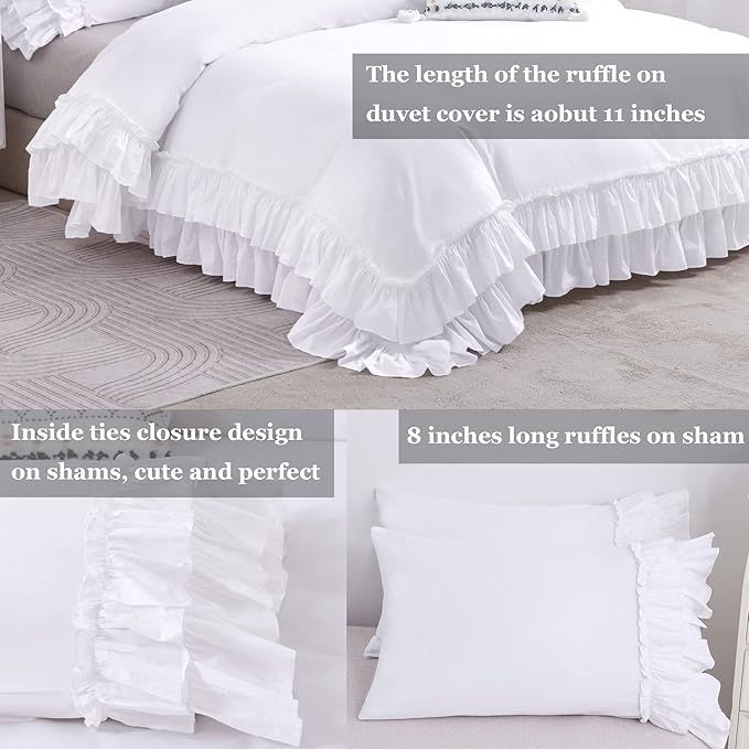 QSH Ruffle White Duvet Cover Queen Size -Washed Cotton Shabby Farmhouse Ruffled - Image 4