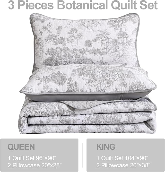 WONGS BEDDING Grey Quilt Set King Size, 3 Pieces Botanical Bedspreads Set - Image 4