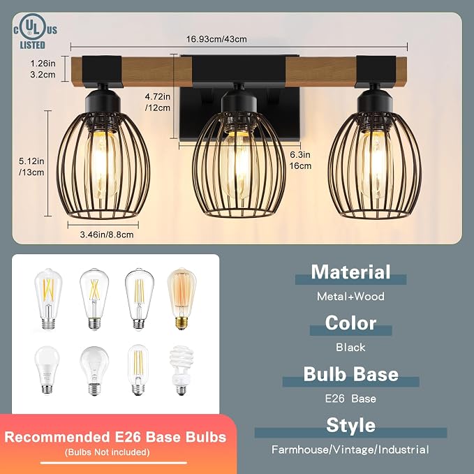 3-Light Farmhouse Bathroom Vanity Light Fixtures, Rustic Wood Bathroom Light - Image 2