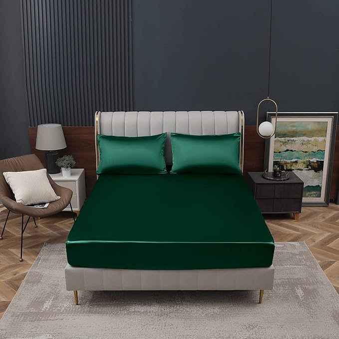 Homiest Blackish Green Satin Fitted Twin XL Size Bed Sheet, Deep Pocket - Image 2