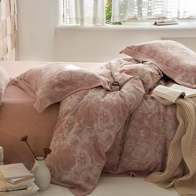 mixinni Duvet Cover Queen, Premium Cotton Double-Layer Yarn Pink Floral - Image 3