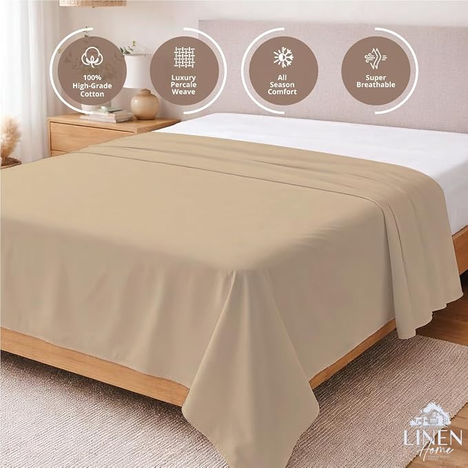 Linen Home 100% Cotton Percale 1 Flat Sheet, Full Size - Image 3