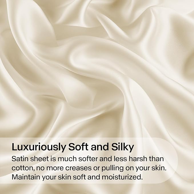 BEDELITE Satin Sheets Queen Size Bed Set, Luxury Soft Beige Silky Sheets - Image 3