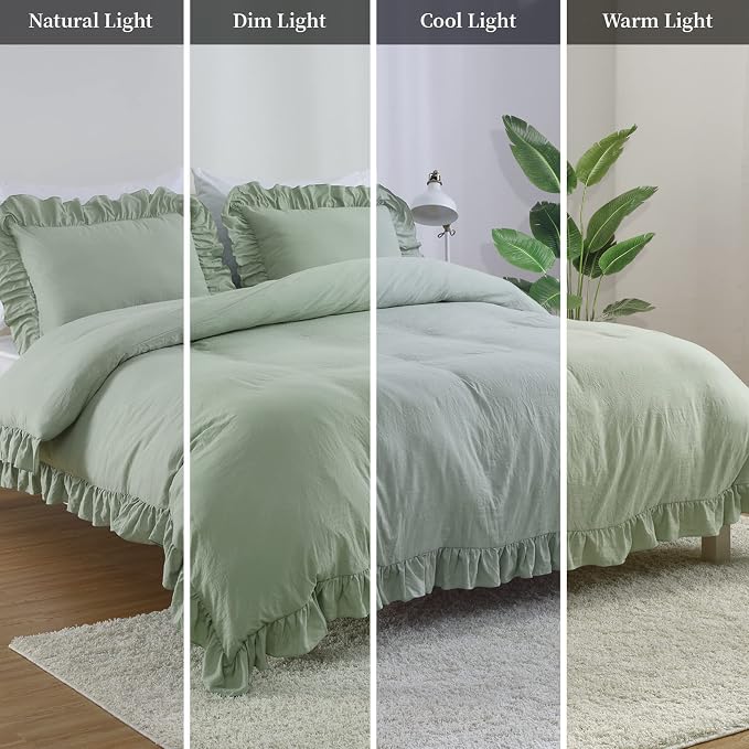 Ruffle Duvet Cover Queen Size, Sage Green, 90x90 in - Image 7