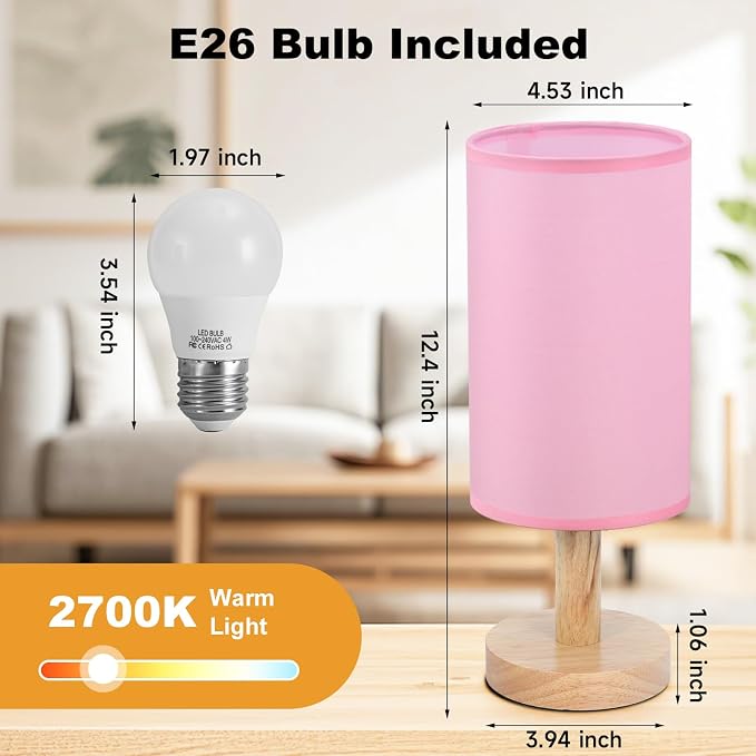 Pink Small Bedside Table Lamp for Bedroom, Natural Round Wood Base&Fabric Linen - Image 4