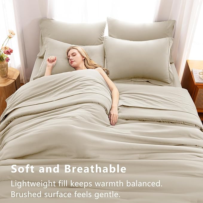 CozyLux Queen Comforter Set Oatmeal, 7 Pieces Bed in a Bag Queen Comforter Set - Image 5
