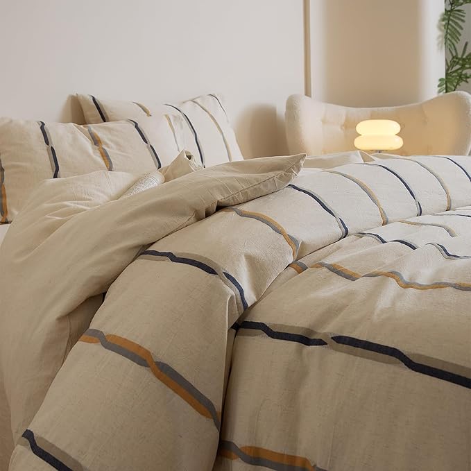 mixinni Cotton Linen Jacquard Duvet Cover Set Queen, 3-Piece Mid-Century Modern - Image 7