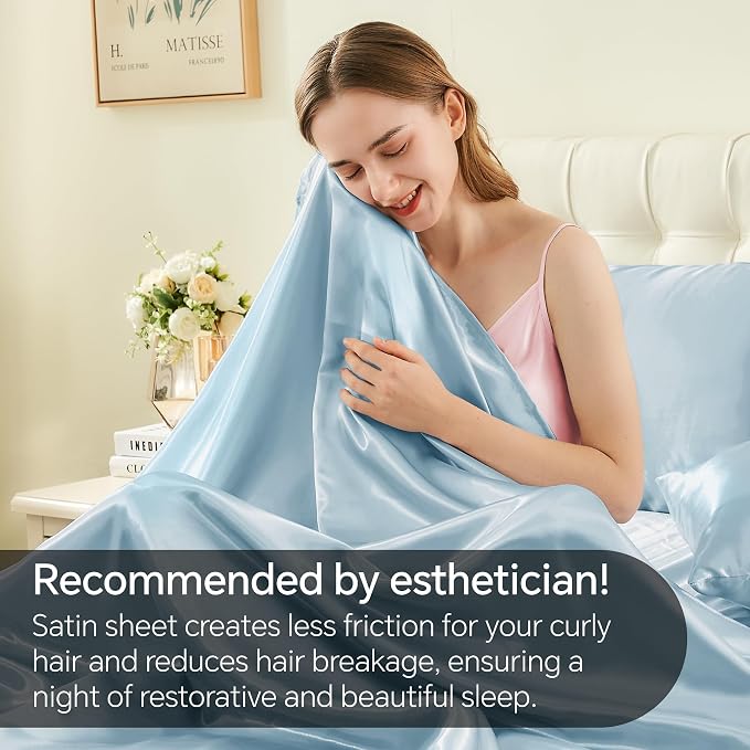 BEDELITE Satin Sheets Queen Size Bed Set, Luxury Soft Light Blue Silky Sheets - Image 4