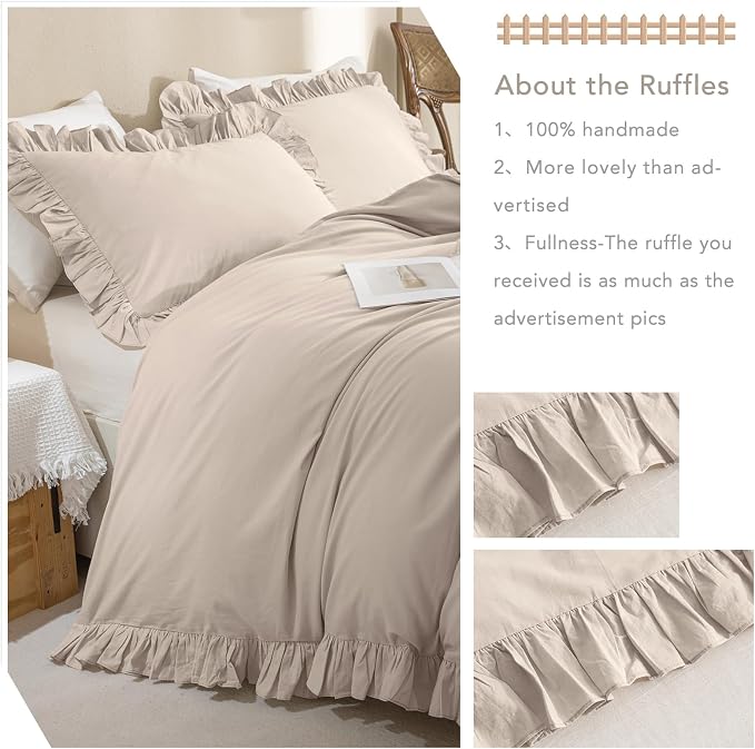 QSH 3Pcs Washed Cotton Ruffle Duvet Cover King Size - Image 6