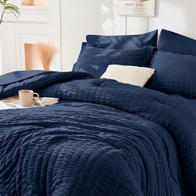 HYMOKEGE Navy Blue Duvet Cover Full Size, Ultra Soft 3-Piece Seersucker Duvet - Image 6