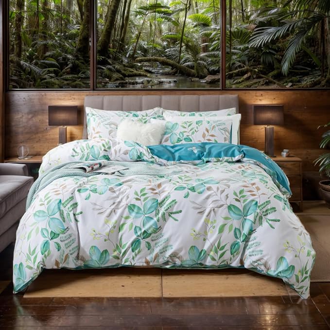 FADFAY Botanical Duvet Cover Sets Queen Size 100% Cotton Teal Green Leaves - Image 9