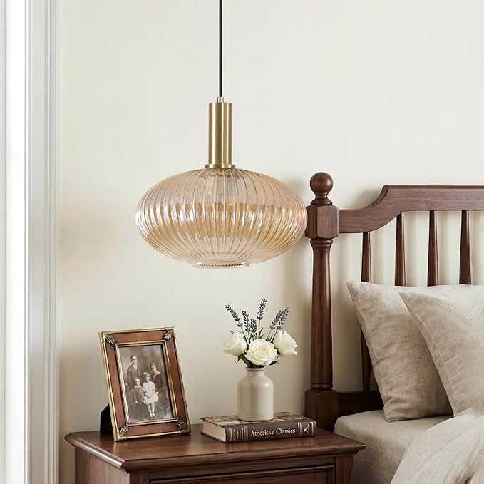 KCO Lighting Vintage Gold Pendant Light Fixture Amber Glass Pendant Light Mid - Image 5
