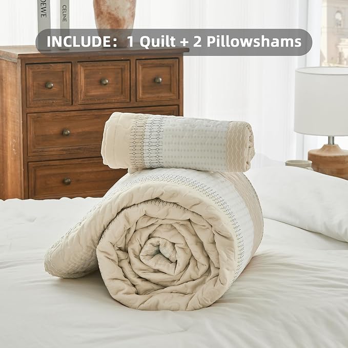 Andency California King Size Quilt Set Beige, 3 Pieces Beige Ultra Soft - Image 7