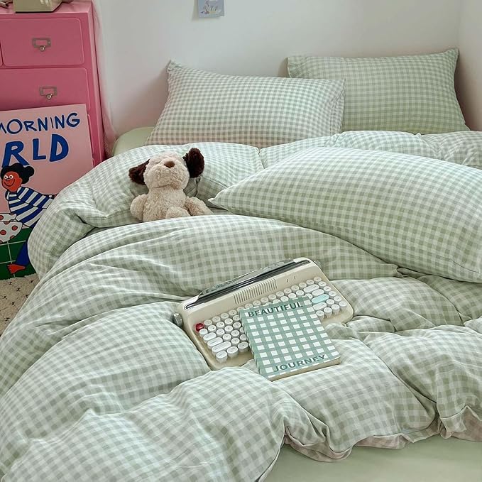 Nayoroom Green Gingham Duvet Cover Queen Size Plaid Dorm Bedding Set 3 Pieces - Image 4