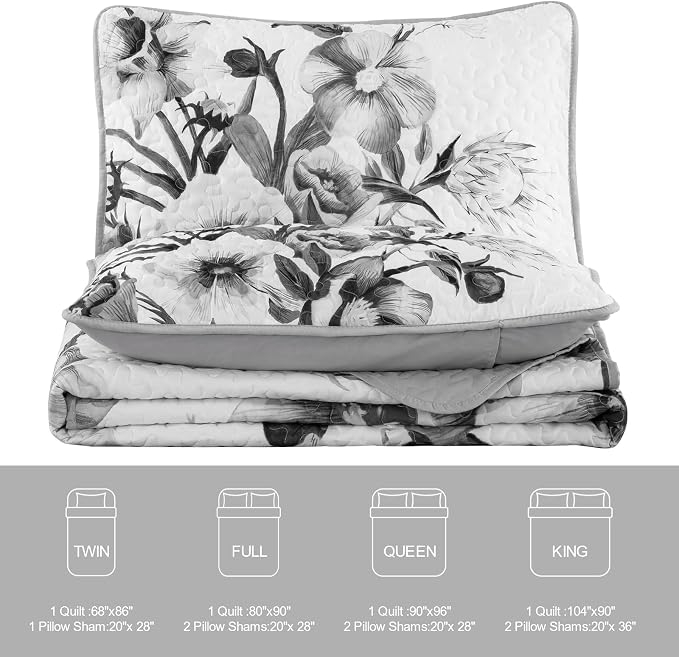 Floral Quilt Set King 3 Pieces Grey Floral Quilt Coverlet Set Soft Microfiber - Image 7