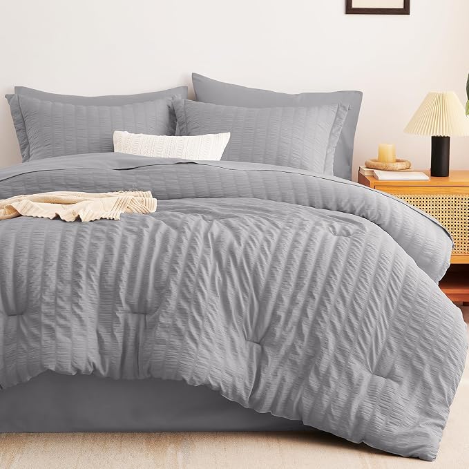 CozyLux Queen Comforter Set Grey Seersucker 7 Pieces Bed in a Bag Queen - Image 9