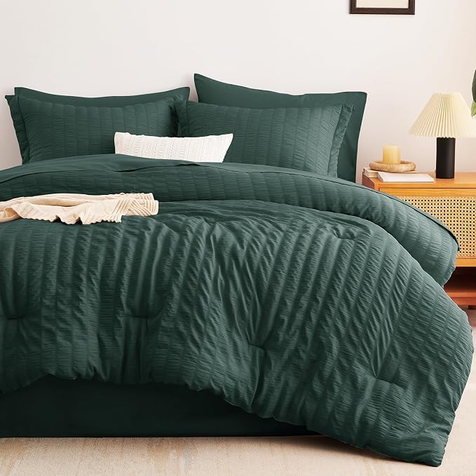 CozyLux Queen Comforter Set Forest Green Seersucker 7 Pieces Bed in a Bag Queen - Image 9