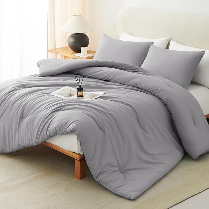 CozyLux King Size Comforter Set Grey, 3 Pieces Solid Comforters King Size by CozyLux