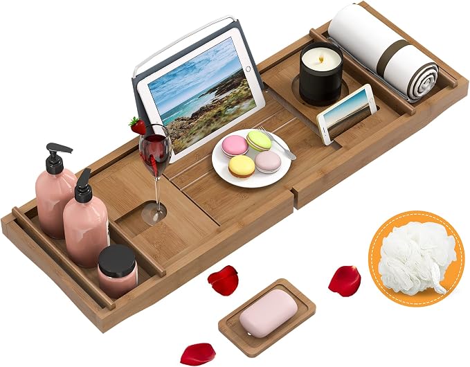Domax Bathtub Caddy Tray Expandable Bamboo Bath Tub Tray by Domax