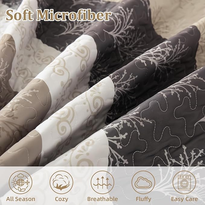 DJY Beige Quilt Set Queen Size Striped Bedspread Coverlet Set 3 Pieces Boho - Image 5