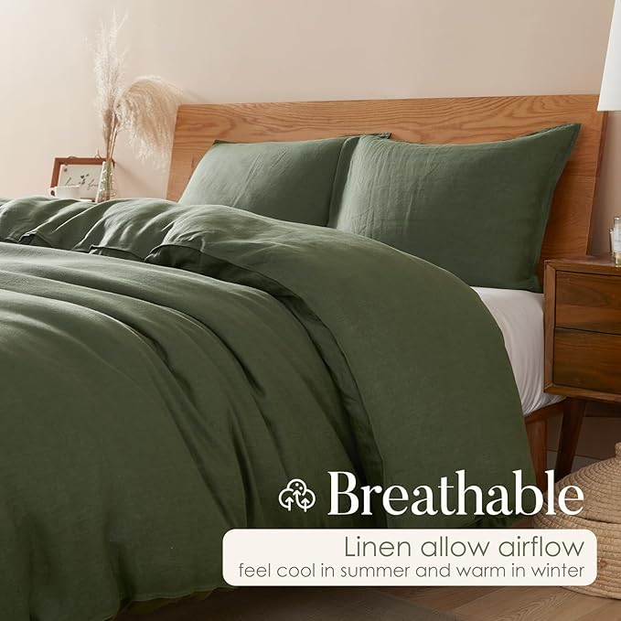 DAPU 100% Linen Olive Green Duvet Cover Set - Image 3