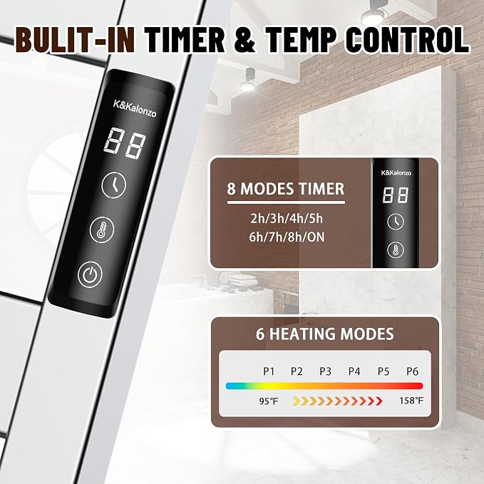 K&KALONZO Towel Warmer for Bathroom, Wall-Mounted 6-Bar Heated Towel Rack - Image 3