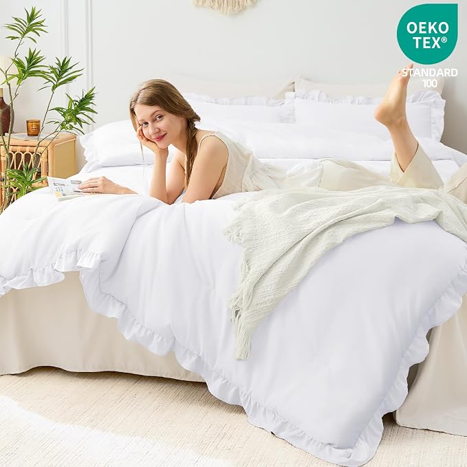 FUANNA Full Size Comforter Sets White, 3 Pieces Ruffle Full Size Bedding Sets - Image 3