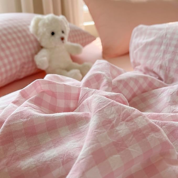 mixinni Light Pink Gingham Duvet Cover Set Queen Size - Image 9