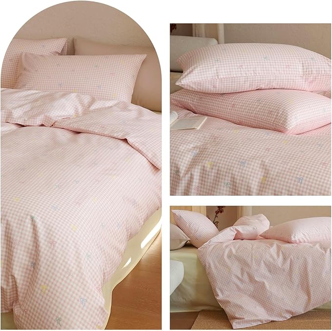 mixinni Gingham Duvet Cover Full Size, 100% Cotton Light Pink and White Gingham - Image 7