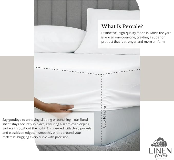 Linen Home 100% Cotton Percale Sheet Set, Queen Size, Snow White, Deep Pocket - Image 4